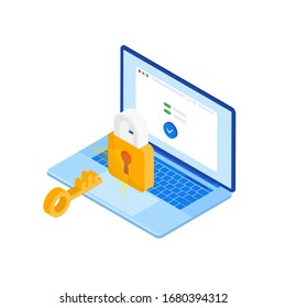 Protect your personal information from hacker attacks on your laptop. Personal data. Isometric laptop with closed padlock and unlock key on a blue background
