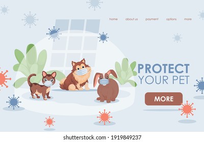 Protect your pet vector flat landing page template with text space. Domestic pets, cat, dog, and rabbit in masks to protect against virus or coronavirus cells. Veterinary clinic web page concept.
