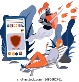 Protect your phone from virus. The program against the virus and hacking. Illustration in a flat style.