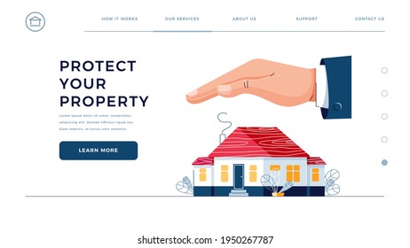 Protect your property homepage template. Male hand is covering house. Home safety security, real estate protection, Property insurance business service concept. Flat vector illustration