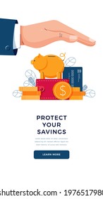 Protect your savings banner. Business hand covers the wealth, provides security. Money protection, finance insurance concept. Flat vector illustration
