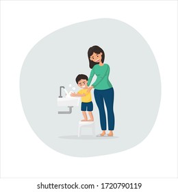 Protect your self from corona virus (Covid-19) disease concept, A woman teach a son washing hands with antibacterial soap sanitizer.