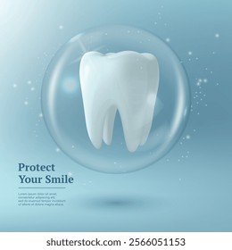 Protect Your Smile. Vector 3D Realistic Tooth in a Protective Bubble Isolated on a Blue Background. Design Template, Clipart, Mockup. Dentistry, Healthcare, Medical, Hygiene, Protection Concept