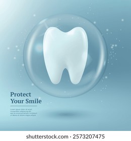 Protect Your Smile. Vector 3D Realistic Tooth in a Protective Bubble Isolated on a Blue Background. Design Template, Clipart, Mockup. Dentistry, Healthcare, Medical, Hygiene, Protection Concept