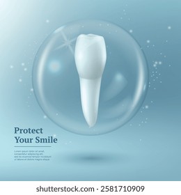 Protect Your Smile. Vector 3D Realistic Tooth in a Protective Bubble Isolated on a Blue Background. Design Template, Clipart, Mockup. Dentistry, Healthcare, Medical, Hygiene, Protection Concept