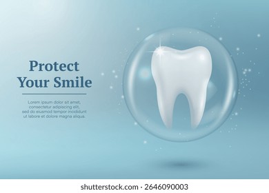 Protect Your Smile. Vector 3d Realistic Tooth in a Protective Bubble Isolated on a Blue Background. Design Template, Clipart, Mockup. Dentistry, Healthcare, Medical, Hygiene, Protection Concept