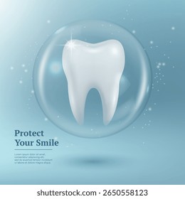 Protect Your Smile. Vector 3d Realistic Tooth in a Protective Bubble Isolated on a Blue Background. Design Template, Clipart, Mockup. Dentistry, Healthcare, Medical, Hygiene, Protection Concept