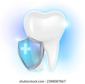 Protect your teeth to be strong, white, and clean with fluoride. For advertising toothpaste, mouthwash, dentistry. Realistic vector illustration.