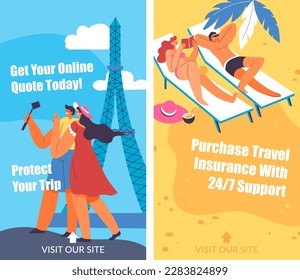Proteja su viaje y obtenga cotizaciones en línea hoy. Compra un seguro de viaje con ayuda. Travesías y vacaciones con placer. Pareja a orillas del mar, hombre y mujer en París. Visitar el vector de almacén en estilo plano