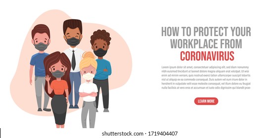 Protect your workplace from coronavirus landing page. Covid-19 precautions at work, multinational people use mask at work to prevent disease, flu, air pollution. Vector flat cartoon illustration