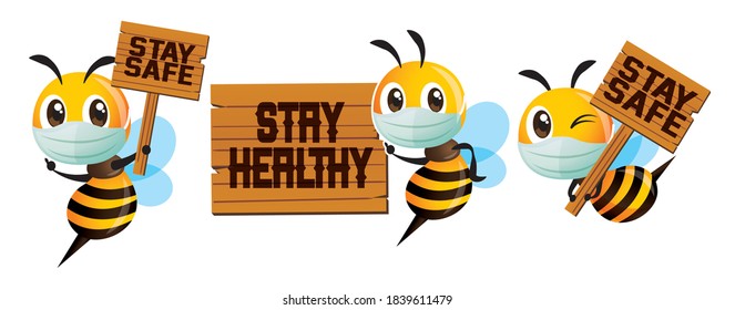 Protect yourself against virus. Cartoon cute bee wearing protective surgical mask mascot set. Cartoon cute bee holding natural wooden signboard with stay safe and healthy wording - Vector character 