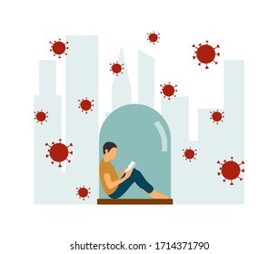 Protect Yourself. Boy keeping Distance for Decrease Infection Risk For Prevent Virus Covid-19. Coronavirus quarantine preventive measures. A boy sits in under a glass cap. Vector illustration