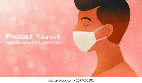 Protect yourself concept illustration. Man wearing face masks protecting herself from pollution and virus. Vector design banner template.