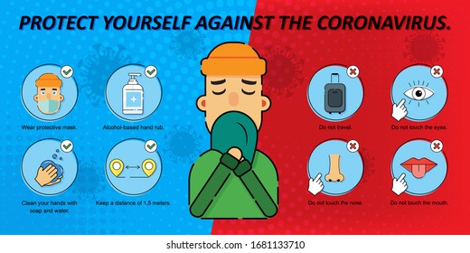 Protect yourself from the coronavirus. 2019-nCoV covid-19 virus protection tips. Prevention of infographics. Set of isolated vector illustrations in cartoon style on a blue background.