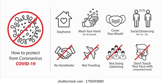 Protect yourself  from coronavirus COVID-19, Stay home, Wash hands, Cover your mouth mask, Social distancing, no handshake, dont traveling, not doing gathering, don't Touch face, set of illustration.