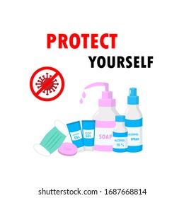 Protect yourself from covid-19 concept. Prevent corona virus from wash your hands with soap or alcohol, wear face mask on white background in flat style.