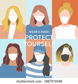 Protect yourself from Covid-19, people with mask, people with new normal, and use mask, maintain social distancing.