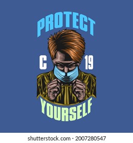 Protect yourself from COVID-19. posters design, tshirt design, logo design. people with mask, people with new normal, and use mask, maintain social distancing. Vector Illustration.