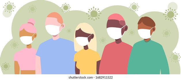 Protect yourself.  Guys and girls surrounded by a virus. Protective masks. Young men and women wearing a medical mask. Vector design illustrations. Coronavirus prevention COVID-19 2019-nCov