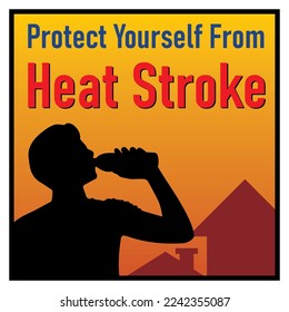 Protect yourself from heat stroke hazard. Safety precautions for avoiding dehydration. Man hold drinking bottle illustration.