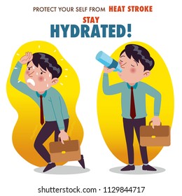 Protect yourself from heat stroke, Stay hydrated. Illustration of a businessman overheating and drinking water from a bottle.