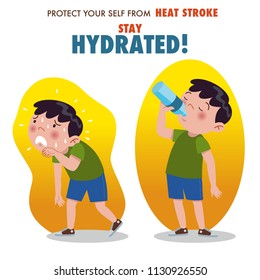 Protect yourself from heat stroke, Stay hydrated. Illustration of a little boy overheating and drinking water from a bottle.