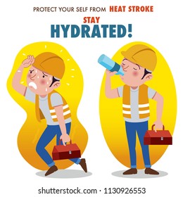 Protect yourself from heat stroke, Stay hydrated. Illustration of a construction worker overheating and drinking water from a bottle.