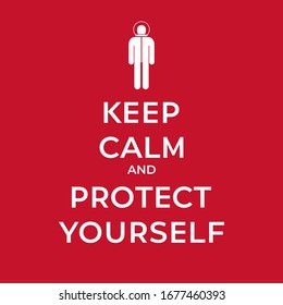 Protect Yourself Keep Calm Style Motivational Concept Based on WHO Measures for Coronovirus Preventions with Men in Armour or Spacesuit and Lettering - White on Red Background - Vector Graphic Design