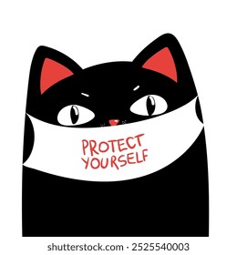 Protect yourself lettering oh the white mask, black cat character, vector illustration