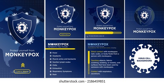 
Protect yourself from Monkeypox. Set of Monkeypox template and layouts in card and story format, with learn more CTA. Symptoms and how it can spread. Editable Vector Illustration. EPS 10. 