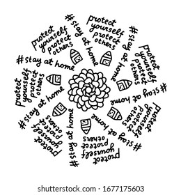 Protect yourself others stay at home hand drawn vector illustration in cartoon comic style lettering infection support mandala