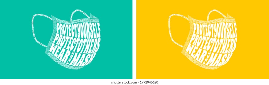 Protect Yourself Protect Others Wear Face Mask. awareness text warp in form of face mask to prevent spread covid-19 vector illustration isolated on turquoise and yellow background.