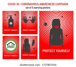 Protect Yourself - Set of Coronavirus Covid-19 Awareness Warning Posters. Wash your hands, Use hand sanitizer or soap, Keep safe distance, Stay at home, Wear a mask. A4 poster or leaflet templates.