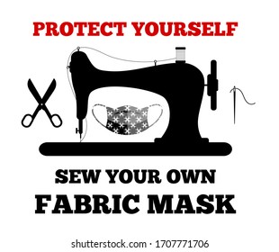 PROTECT YOURSELF, Sewing Machine, Fabric Mask, Coronavirus Cell, Needle Icon. DIY Fabric Mask Concept. Covid-19 Theme, 2019-nCoV. 