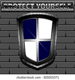 Protect yourself - shield on brick wall. Vector illustration 10 EPS