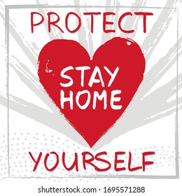Protect yourself, stay home hand drawn vector illustration. Vector heart in red. Covid-19, coronavirus outbreak, global pandemic, disease. Avoid contact. Save family, friends. Agitation, prevention