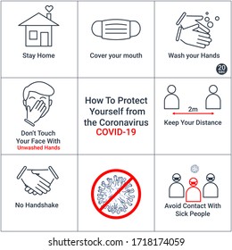 protect yourself tips from coronavirus COVID-19, Stay home, no handshake, sick people, Wash hands, don't Touch face, Cover your mouth mask, set of illustration in infographics, vector, icon, style.