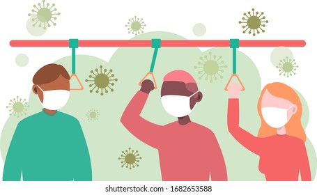 Protect yourself. Two guys and girl surrounded by a virus. Protective masks. Young man and woman wearing a medical mask. Vector design illustrations. Coronavirus prevention COVID-19 2019-nCov