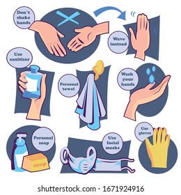 Protect yourself from virus. Wash your hand, wear a mask, keep a distance, use personal soap and towel, use disinfector. Health care suggestions. Sickness prevention banner or stickers. Flat cartoon.