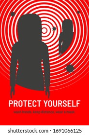 Protect Yourself - Wash hands, keep distance, wear a mask. COVID-19 Coronavirus Safety Awareness Poster with Silhouette of a Woman Wearing Protective Surgical Face Mask, Social Distancing, Palms Hands