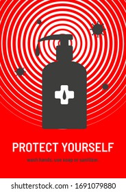 Protect Yourself - Wash hands, keep distance, wear a mask. COVID-19 Coronavirus Safety Awareness Poster with Silhouette of a bottle or dispenser with soap or hand sanitizer