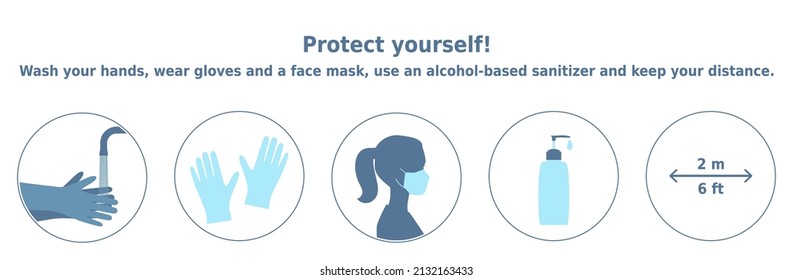 Protect yourself! Wash your hands, wear gloves and a face mask, use an alcohol-based sanitizer and keep your distance. 5 icons set for health posters and banners.