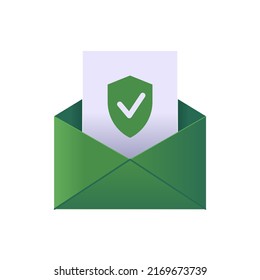 Geschützter grüner 3D-E-Mail-Umschlag mit angehängter Datei mit Schutzschild und Sichtmarkierung der Vektorgrafik