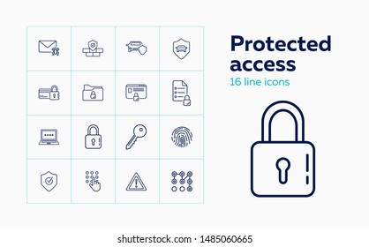Protected access line icon set. Fingerprint, credit card, computer, lock. Secure concept. Can be used for topics like identification, safety, insurance
