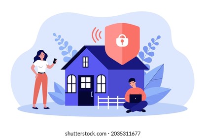 Protected access to Wi-Fi network flat vector illustration. Man and woman in background of house, using gadgets and Internet, connecting to home network. Security, Internet, Web connection concept