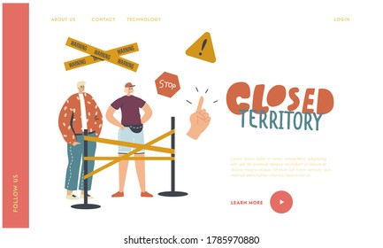 Protected Area Landing Page Template. Characters Stand ar Barrier Wrapped with Yellow Tape and Warning Signs Protect Closed Territory. Stop Signal, Car Parking No Passage. Linear Vector Illustration