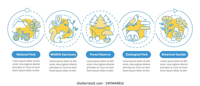 Protected areas for biodiversity vector infographic template. Business presentation design elements. Data visualization with five steps. Process timeline chart. Workflow layout with linear icons