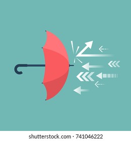 Protected from attack, concept. Defender business metaphor. Financial security. Umbrella as shield reflecting the attacks. 
