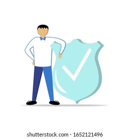 Protected from attack concept. Defender security business metaphor. Man is holding a shield. Flat vector illustration concept. Insurance agent with a shield concept
