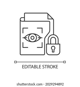 Protected biometric data linear icon. Personal information collection. Fingerprints, retina scan. Thin line customizable illustration. Contour symbol. Vector isolated outline drawing. Editable stroke
